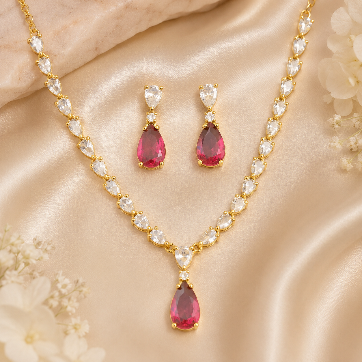 Victorian Gold Ruby Crystal Necklace & Earring Set for Women | طقم عقد وأقراط فيكتوري ذهبي بحجر روبي للنساء