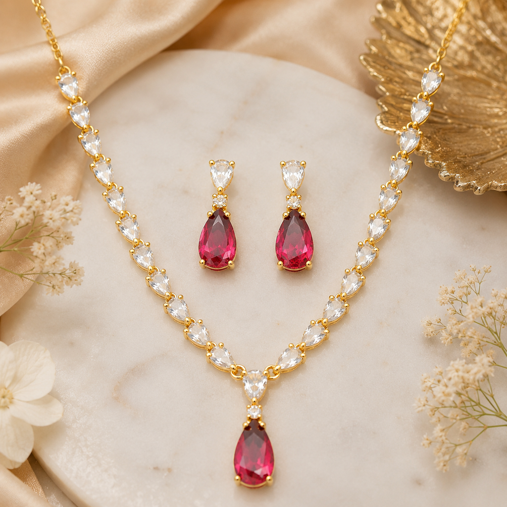 Victorian Gold Ruby Crystal Necklace & Earring Set for Women | طقم عقد وأقراط فيكتوري ذهبي بحجر روبي للنساء