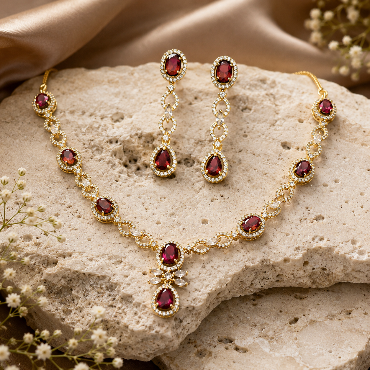 Luxury Victorian Ruby Red Necklace & Earring Set for Women | طقم عقد وأقراط فيكتوري فاخر بحجر روبي أحمر للنساء