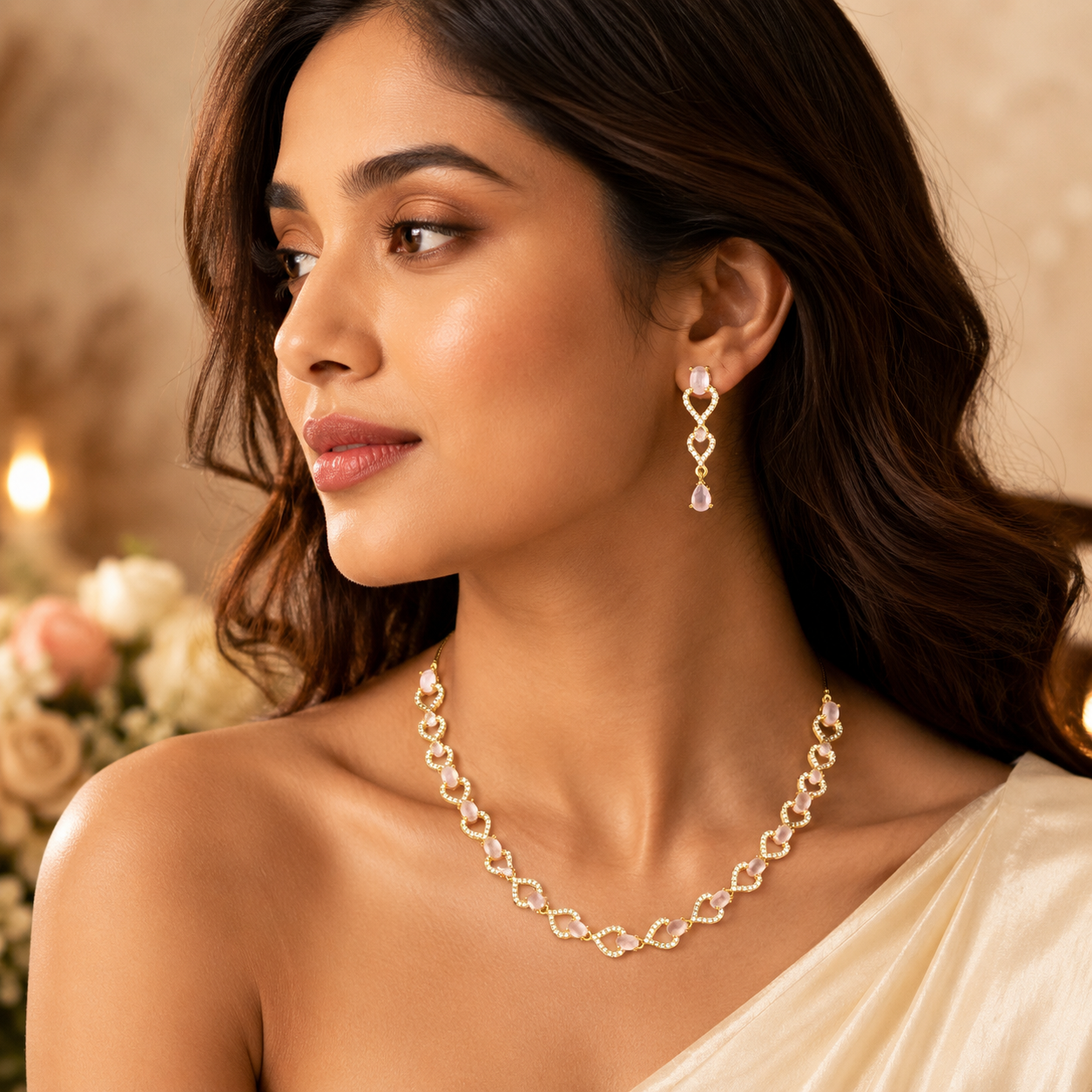 Elegant Pink Heart Necklace & Earring Set for Women | طقم عقد وأقراط قلوب وردية أنيق للنساء