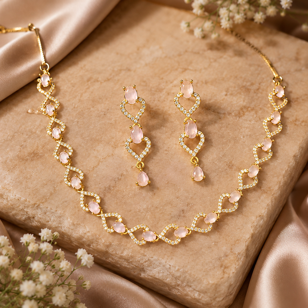 Elegant Pink Heart Necklace & Earring Set for Women | طقم عقد وأقراط قلوب وردية أنيق للنساء
