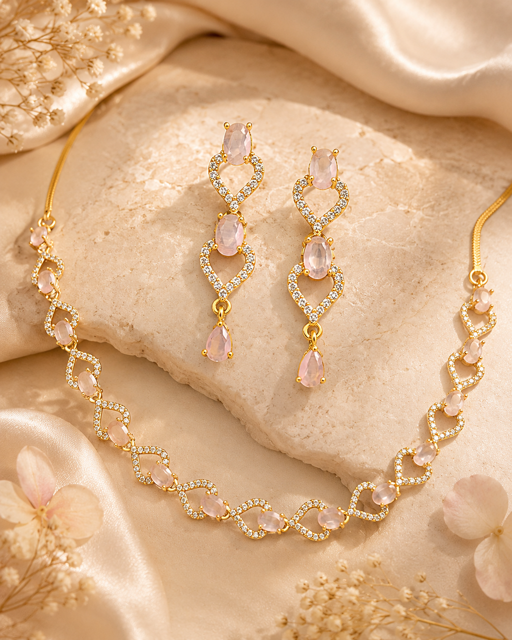 Elegant Pink Heart Necklace & Earring Set for Women | طقم عقد وأقراط قلوب وردية أنيق للنساء