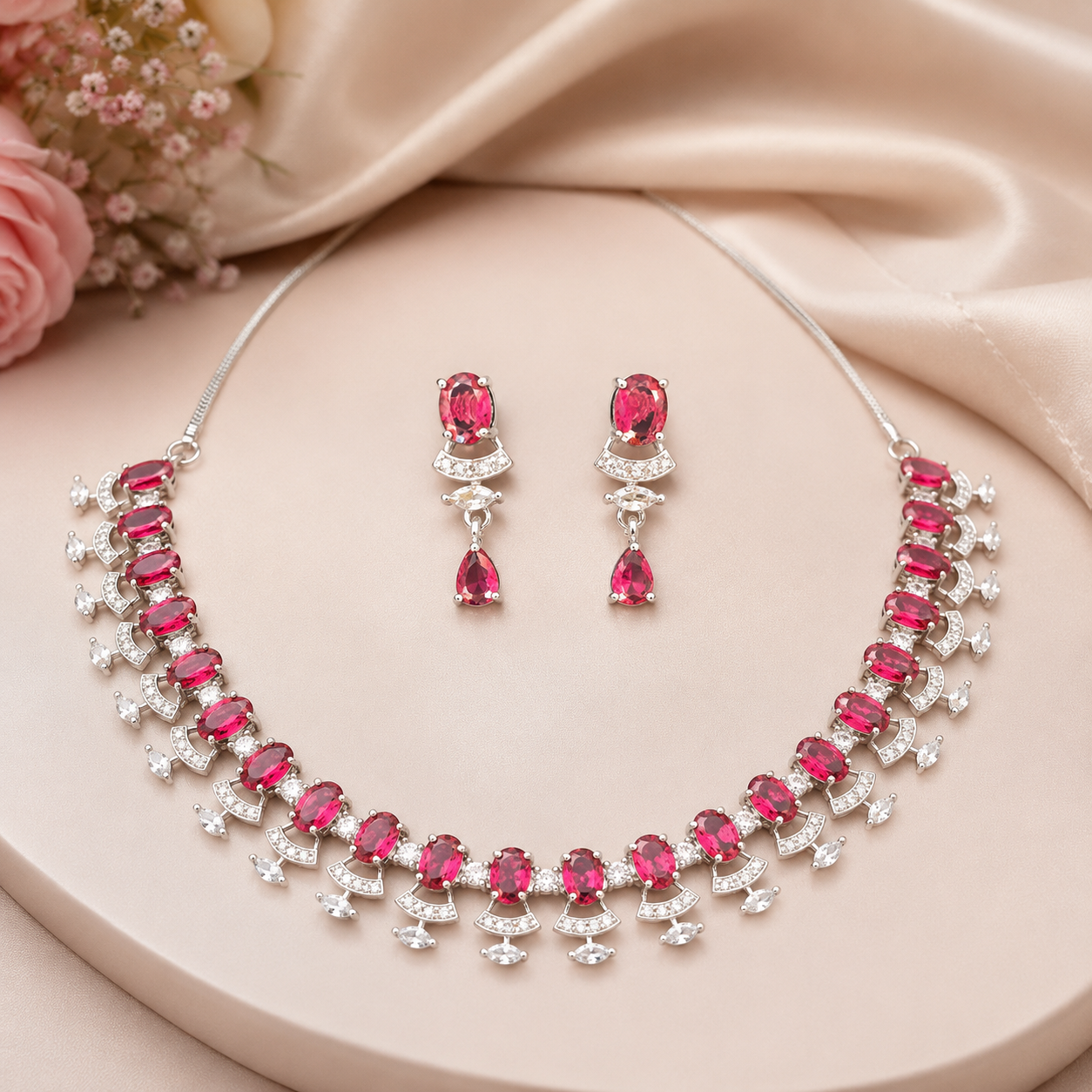 Elegant Ruby Crystal Necklace & Earring Set for Women | طقم عقد وأقراط روبي فاخر للنساء