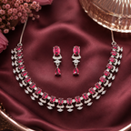 Elegant Ruby Crystal Necklace & Earring Set for Women | طقم عقد وأقراط روبي فاخر للنساء