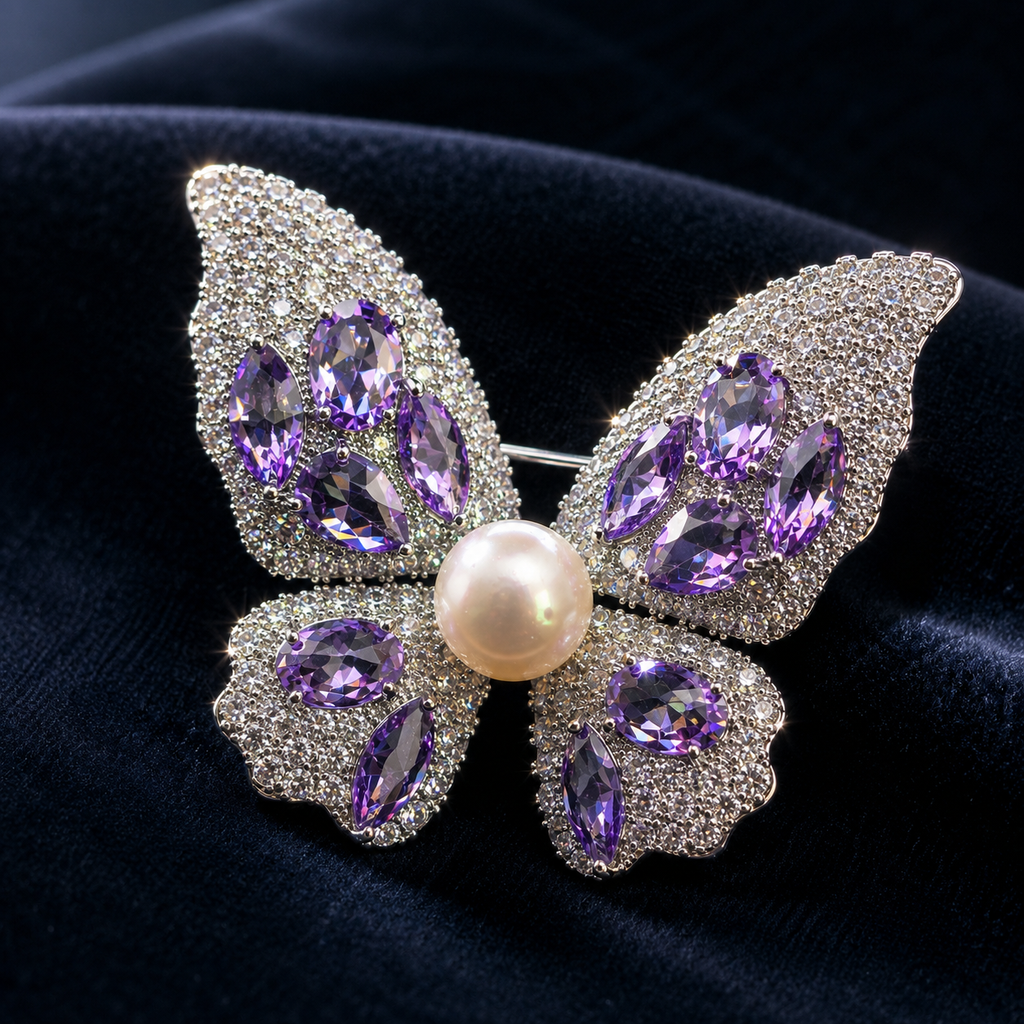 Luxury Butterfly Crystal Pearl Hijab Brooch | بروش حجاب فراشة كريستال ولؤلؤ فاخر