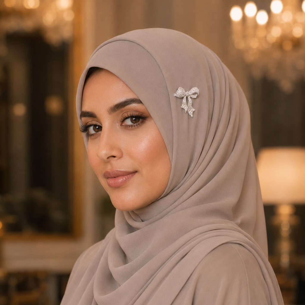 Luxury Bow Crystal Hijab Brooch Silver Finish | بروش حجاب فيونكة كريستال فاخر فضي