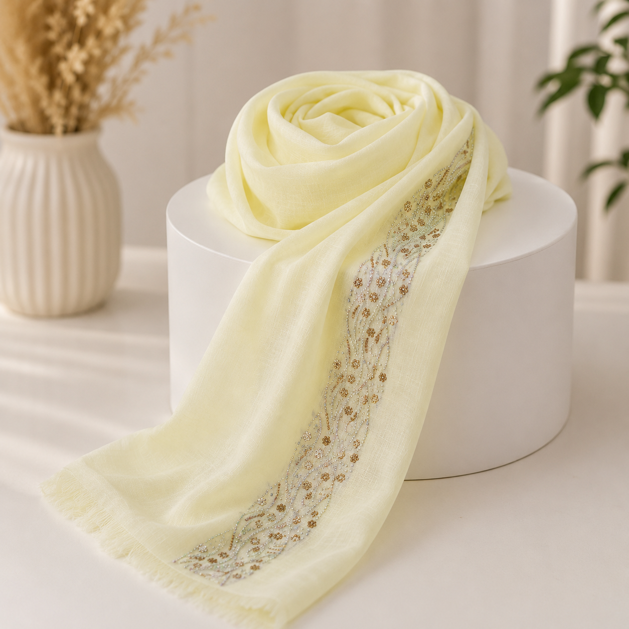 Luxury Embroidered Cotton Shayla Hijab | شيلة قطن فاخرة بتطريز أنيق - Fabric Cotton | القماش قطن