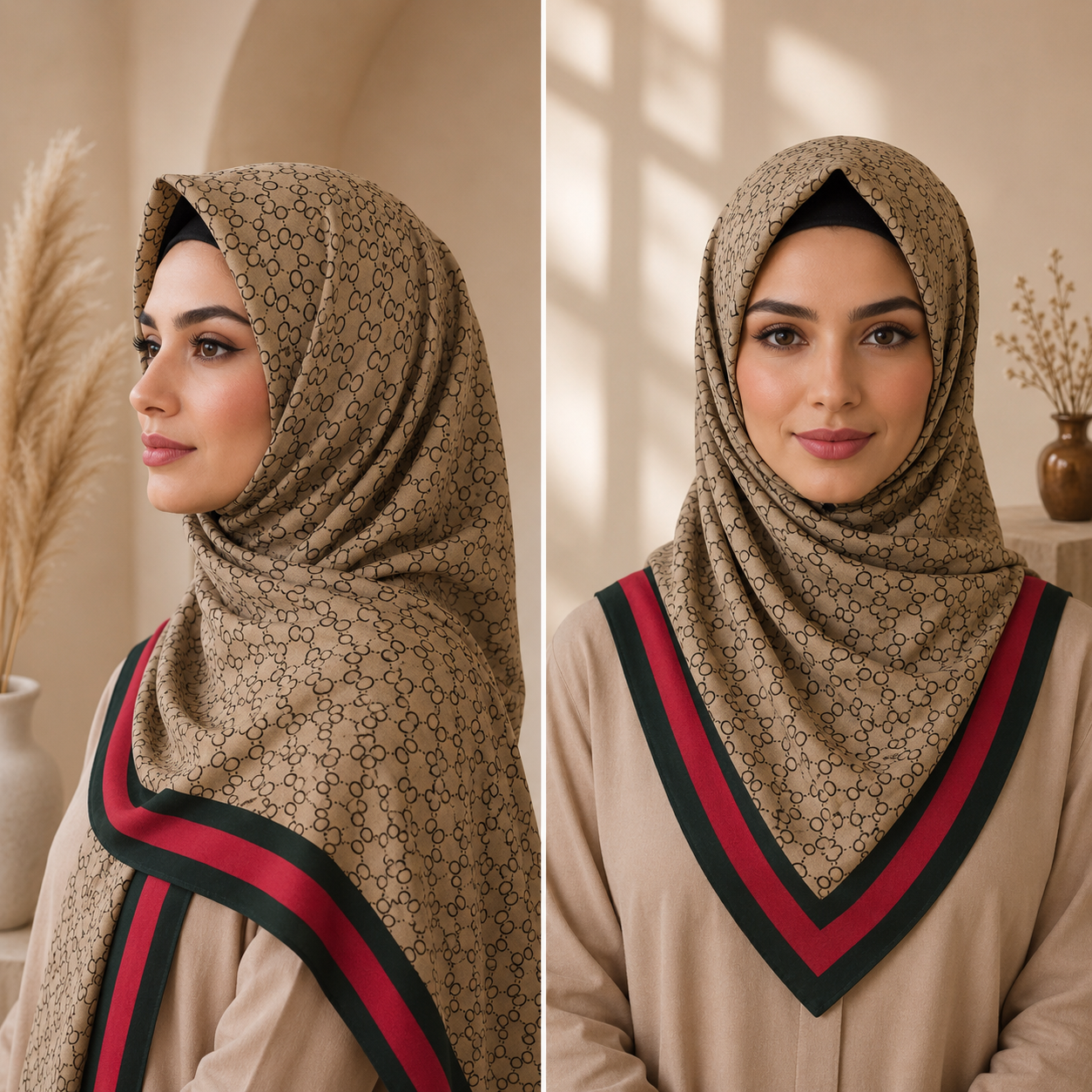 Luxury Monogram Satin Silk Shayla Hijab | شيلة ساتان حرير فاخرة بنقشة مونوغرام أنيقة - Fabric Satin Silk | القماش ساتان حرير