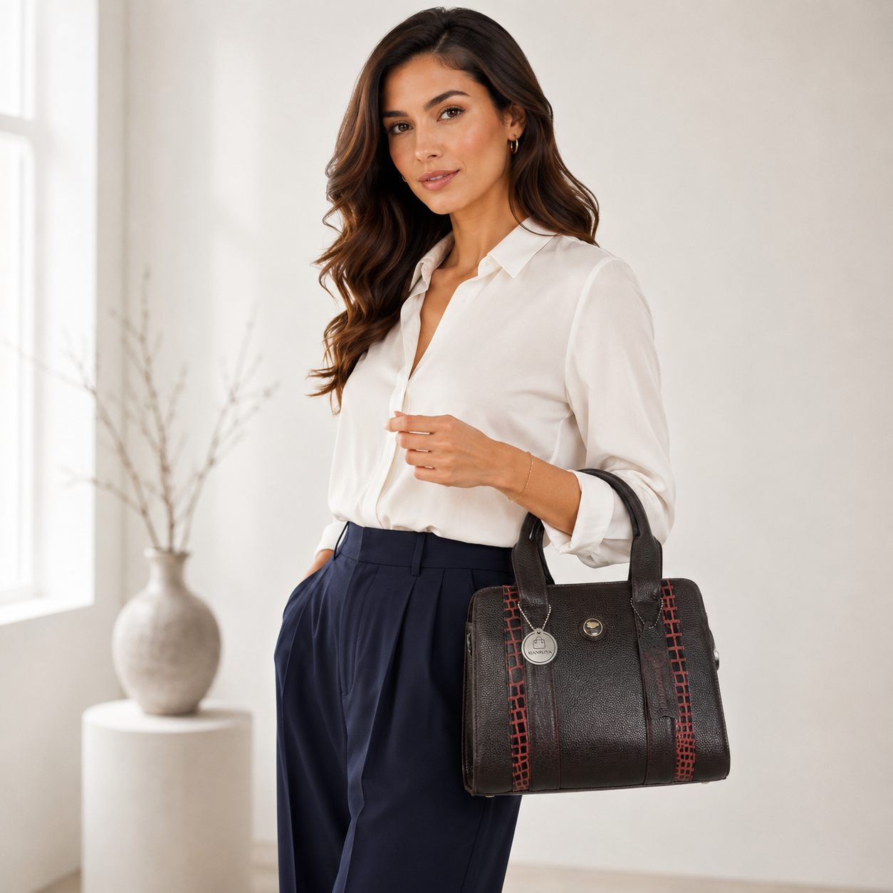 Manruya Brown Leather Handbag with Croc Detail | حقيبة مانرويا البنية الجلدية بتفاصيل نقشة التمساح