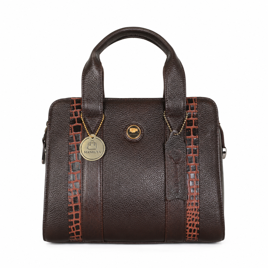 Manruya Brown Leather Handbag with Croc Detail | حقيبة مانرويا البنية الجلدية بتفاصيل نقشة التمساح