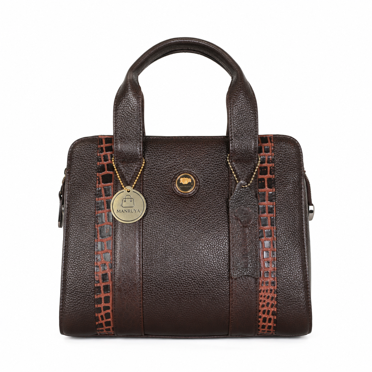 Manruya Brown Leather Handbag with Croc Detail | حقيبة مانرويا البنية الجلدية بتفاصيل نقشة التمساح