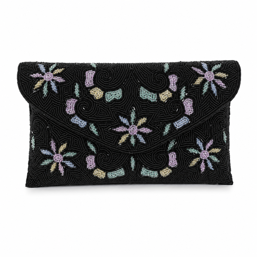 Manruya Black Beaded Floral Clutch | كلتش مانرويا الأسود المطرز بالخرز والزهور