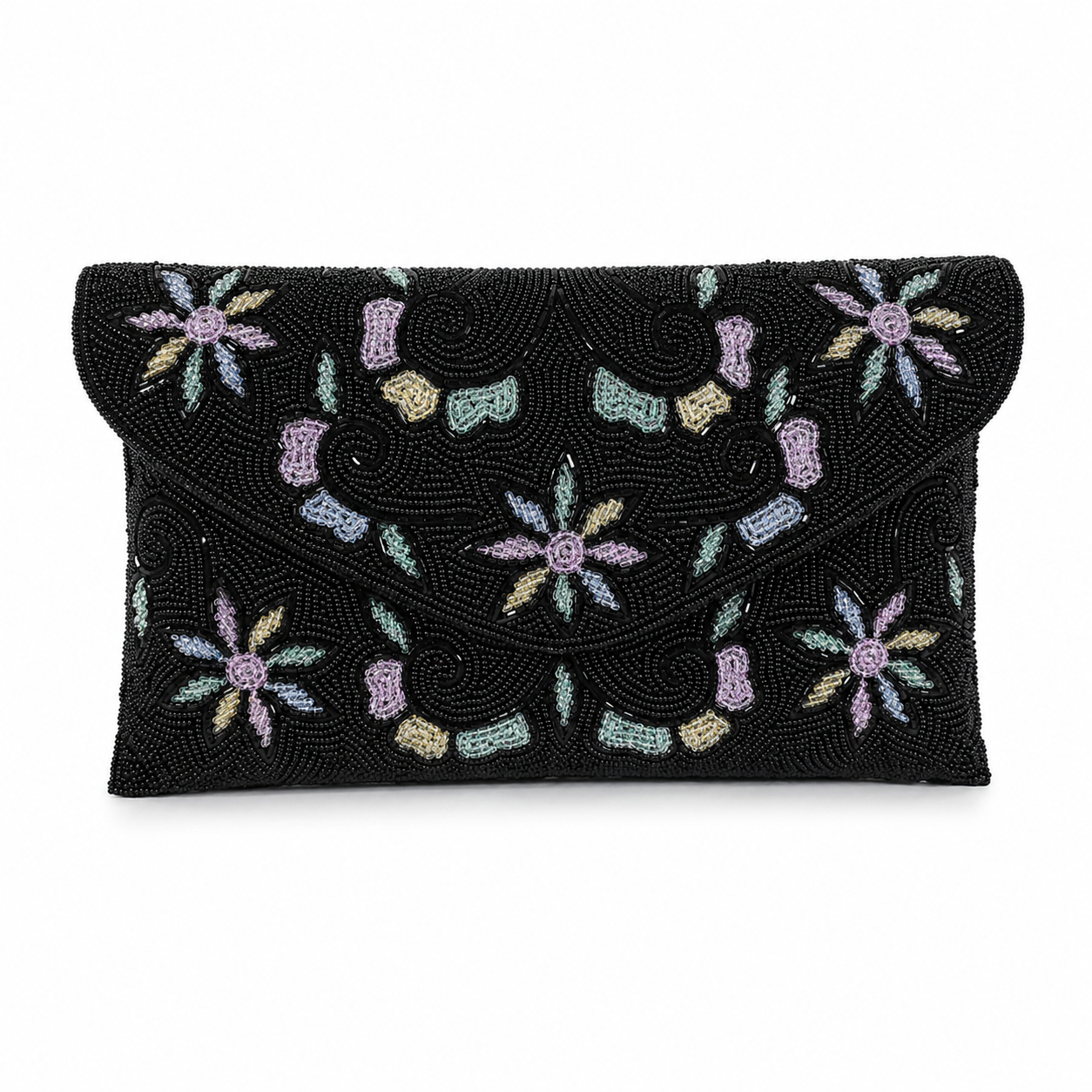 Manruya Black Beaded Floral Clutch | كلتش مانرويا الأسود المطرز بالخرز والزهور