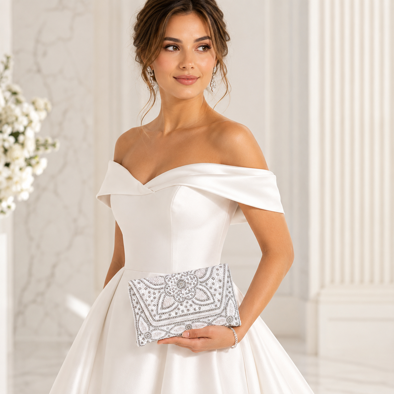 Manruya White Pearl Beaded Clutch | كلتش مانرويا الأبيض المطرز باللؤلؤ والخرز
