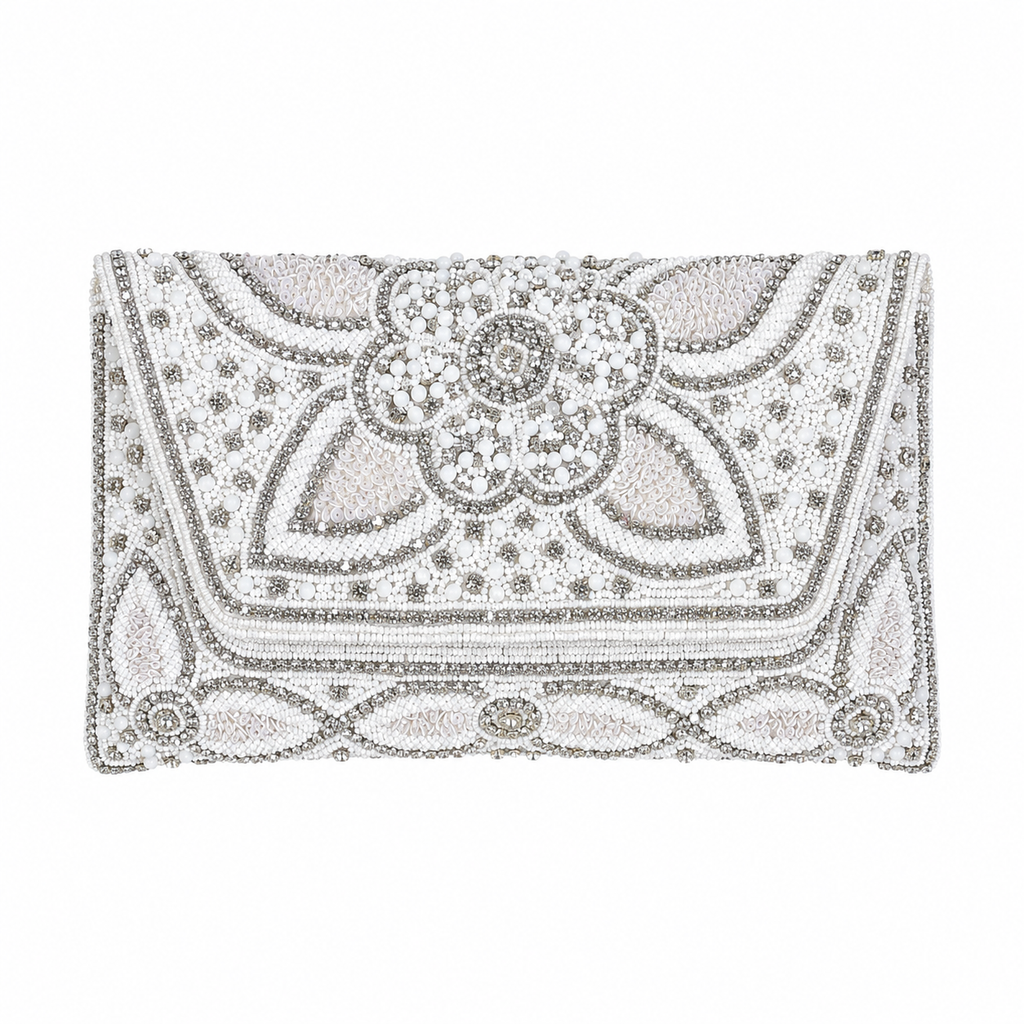 Manruya White Pearl Beaded Clutch | كلتش مانرويا الأبيض المطرز باللؤلؤ والخرز