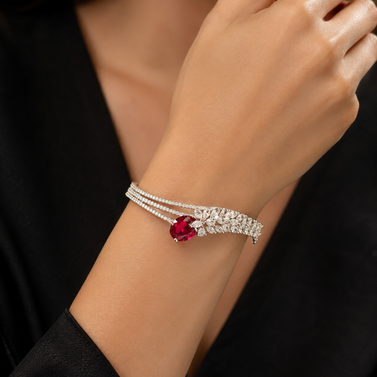 Silver-Tone Red Stone Bangle Bracelet | سوار بلون فضي بحجر أحمر