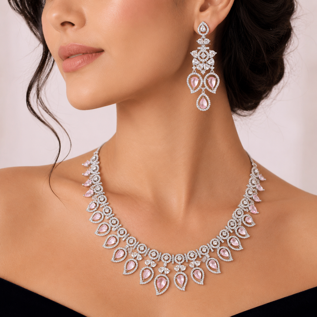Manruya Luxury Pink CZ Necklace & Earrings Set | طقم عقد وأقراط مانرويا الفاخر بالزركون الوردي