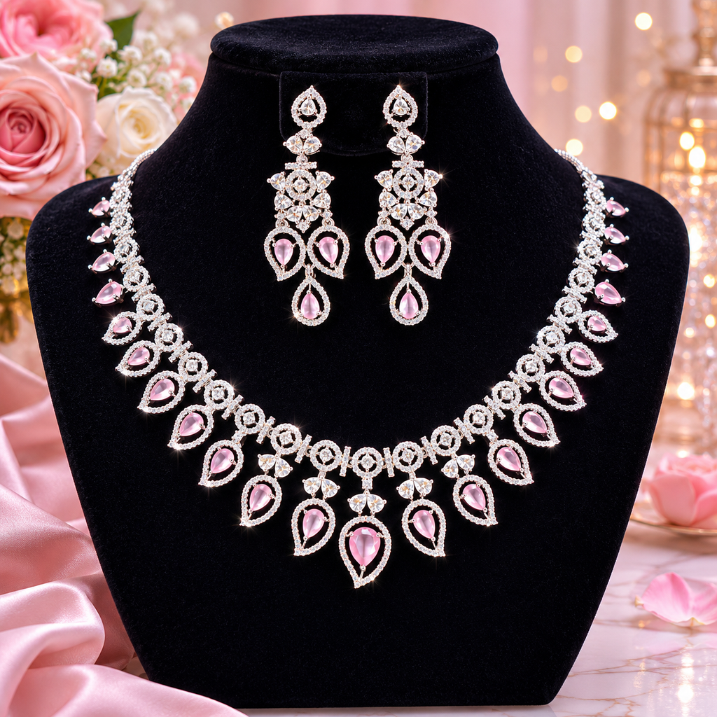 Manruya Luxury Pink CZ Necklace & Earrings Set | طقم عقد وأقراط مانرويا الفاخر بالزركون الوردي