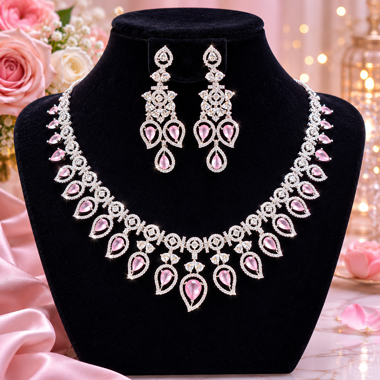 Manruya Luxury Pink CZ Necklace & Earrings Set | طقم عقد وأقراط مانرويا الفاخر بالزركون الوردي