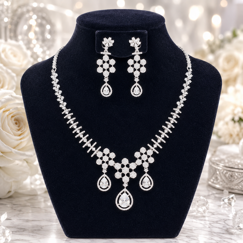 Manruya Luxury CZ Floral Necklace & Earrings Set | طقم عقد وأقراط مانرويا الفاخر بالزركون الفضي بتصميم زهري