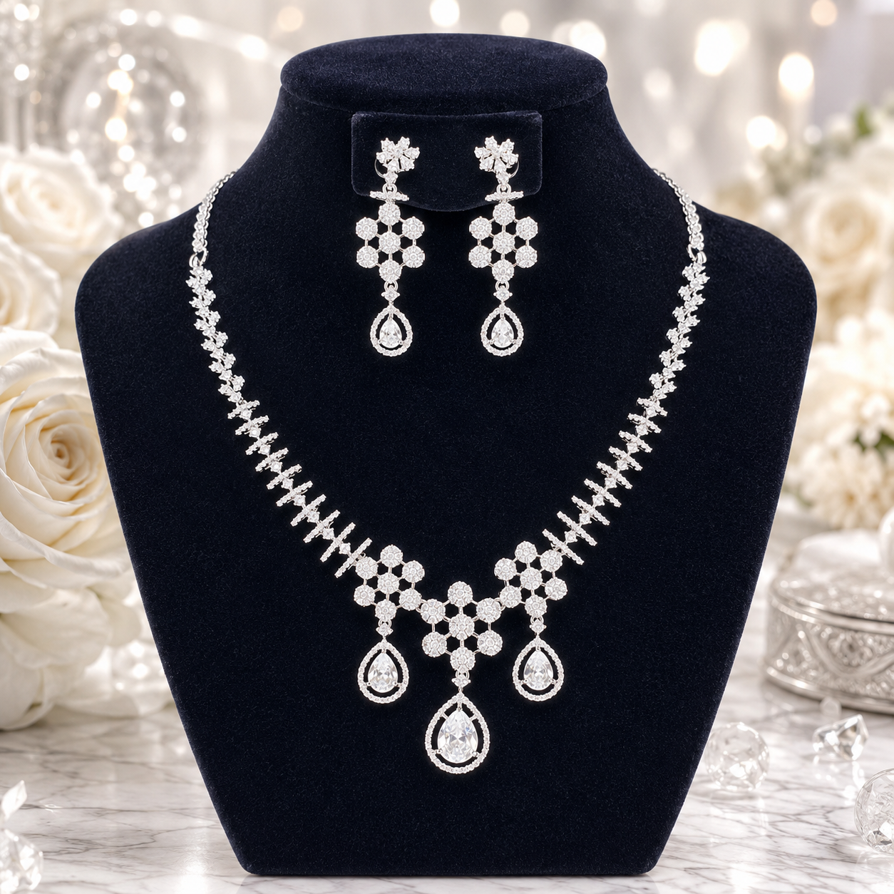 Manruya Luxury CZ Floral Necklace & Earrings Set | طقم عقد وأقراط مانرويا الفاخر بالزركون الفضي بتصميم زهري