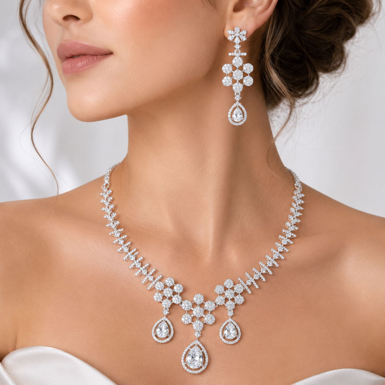 Manruya Luxury CZ Floral Necklace & Earrings Set | طقم عقد وأقراط مانرويا الفاخر بالزركون الفضي بتصميم زهري