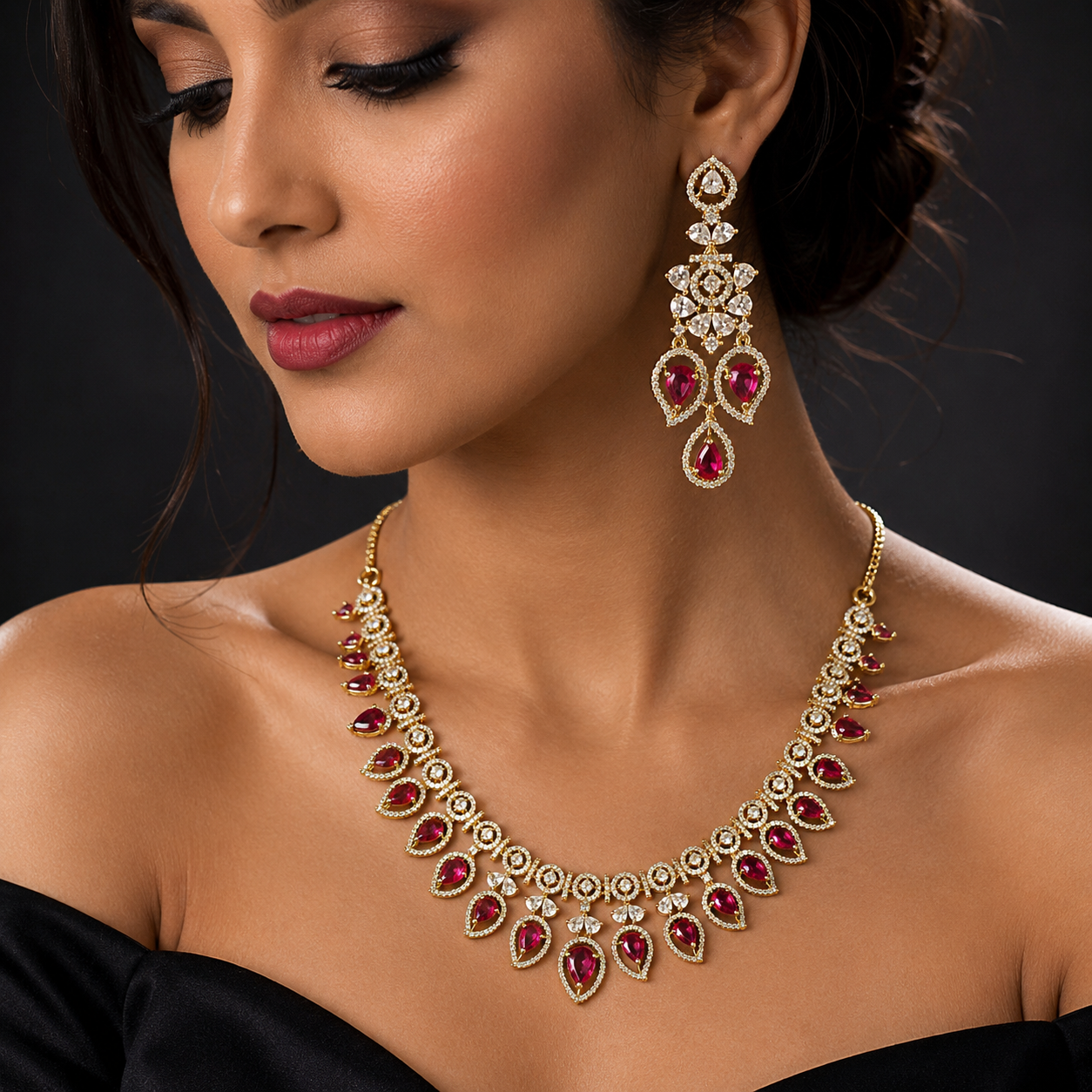 Manruya Luxury Victorian Ruby CZ Necklace & Earrings Set | طقم عقد وأقراط مانرويا الفاخر بتصميم فيكتوري مرصع بالزركون والياقوت الأحمر