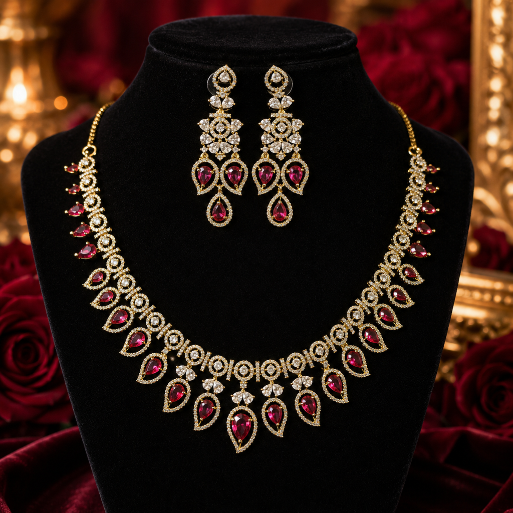 Manruya Luxury Victorian Ruby CZ Necklace & Earrings Set | طقم عقد وأقراط مانرويا الفاخر بتصميم فيكتوري مرصع بالزركون والياقوت الأحمر