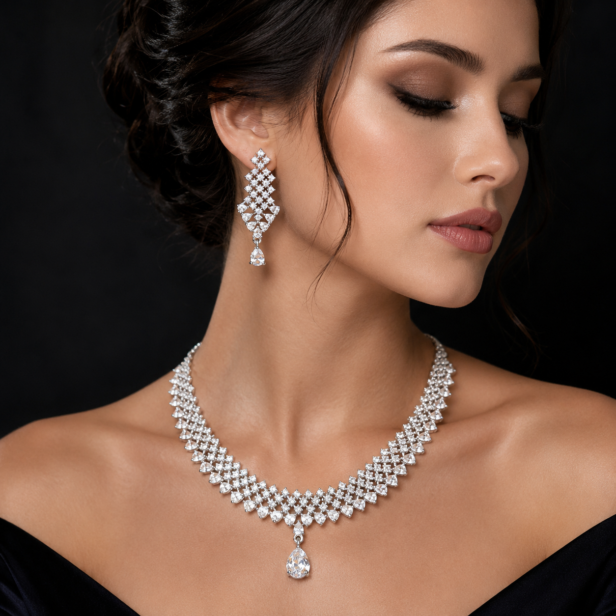 Manruya Luxury CZ Bridal Necklace & Earrings Set | طقم عقد وأقراط مانرويا الفاخر المرصع بالزركون للعروس