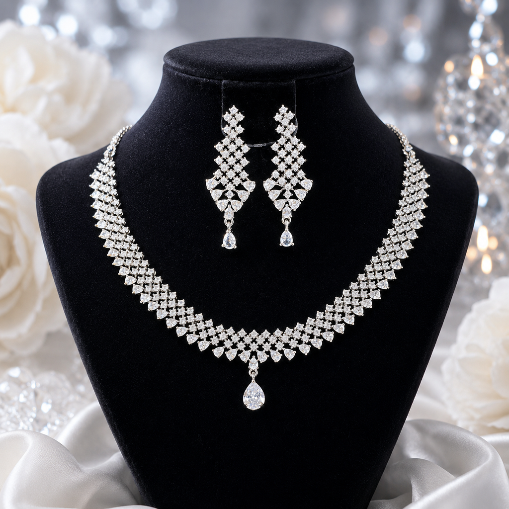 Manruya Luxury CZ Bridal Necklace & Earrings Set | طقم عقد وأقراط مانرويا الفاخر المرصع بالزركون للعروس