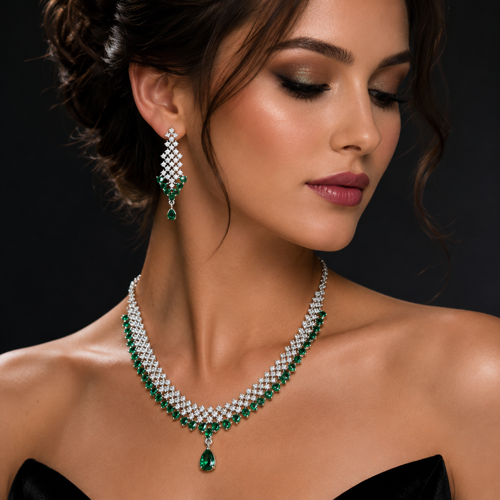 Manruya Emerald Green CZ Necklace & Earrings Set | طقم عقد وأقراط مانرويا المرصع بالزركون الأخضر