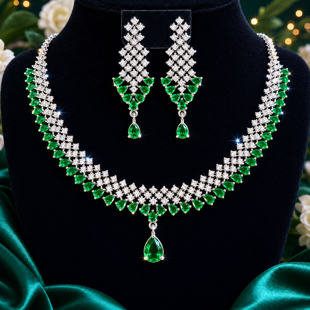 Manruya Emerald Green CZ Necklace & Earrings Set | طقم عقد وأقراط مانرويا المرصع بالزركون الأخضر