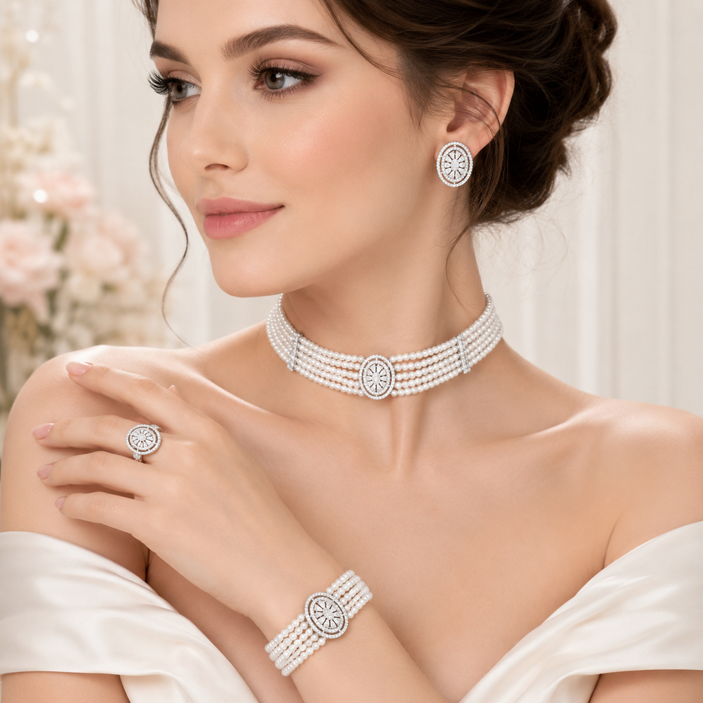 Manruya Elegant Pearl Choker Jewellery Set with Earrings, Bracelet & Ring | طقم تشوكر اللؤلؤ الأنيق من مانرويا مع أقراط وسوار وخاتم