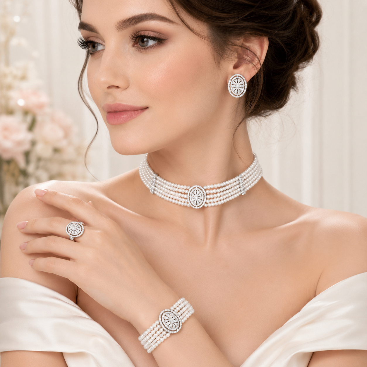 Manruya Elegant Pearl Choker Jewellery Set with Earrings, Bracelet & Ring | طقم تشوكر اللؤلؤ الأنيق من مانرويا مع أقراط وسوار وخاتم