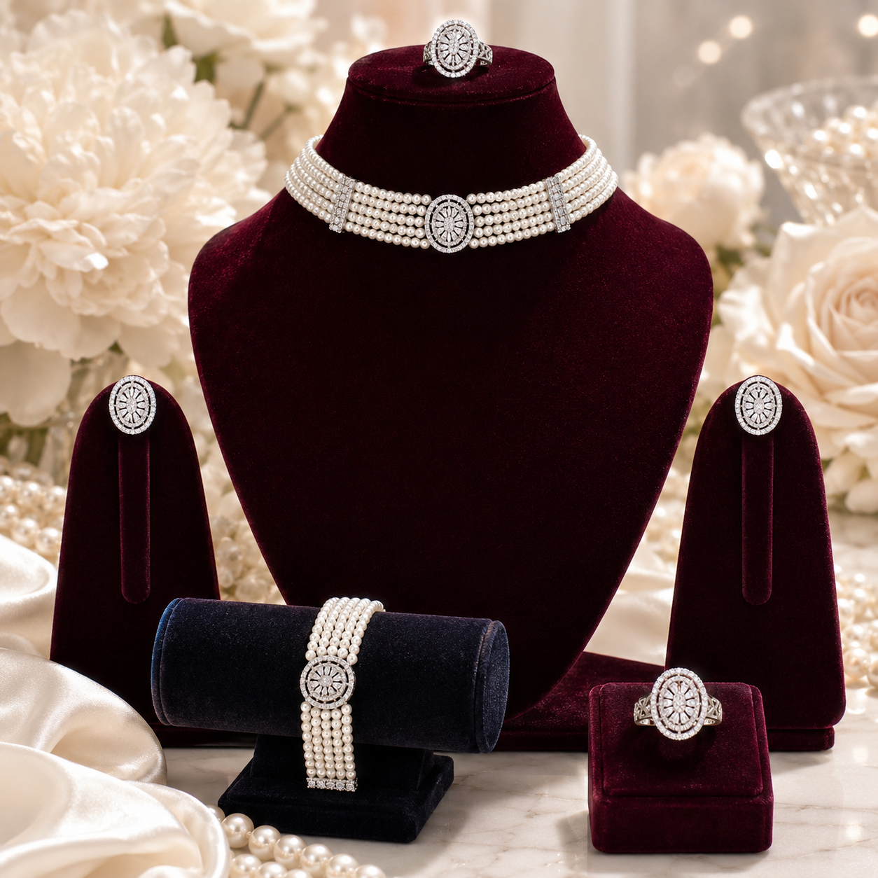 Manruya Elegant Pearl Choker Jewellery Set with Earrings, Bracelet & Ring | طقم تشوكر اللؤلؤ الأنيق من مانرويا مع أقراط وسوار وخاتم