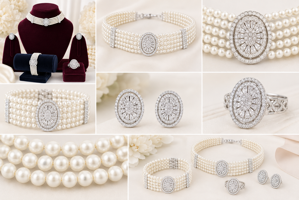 Manruya Elegant Pearl Choker Jewellery Set with Earrings, Bracelet & Ring | طقم تشوكر اللؤلؤ الأنيق من مانرويا مع أقراط وسوار وخاتم