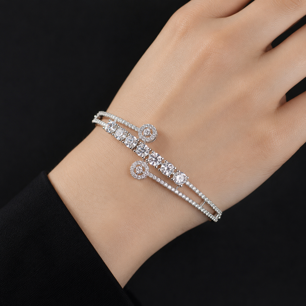 Silver-Tone Double-Row Stone Bangle Bracelet | سوار بلون فضي مرصع بالأحجار بتصميم مزدوج الصفوف