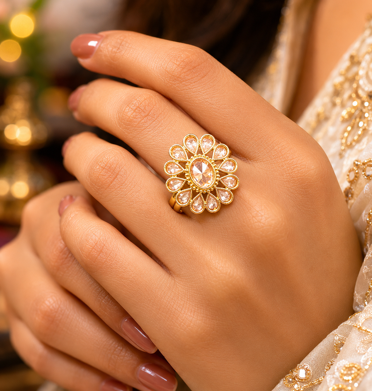 Manruya Traditional Kundan Floral Ring - خاتم كوكتيل منرويا بتصميم وردة الكوندان