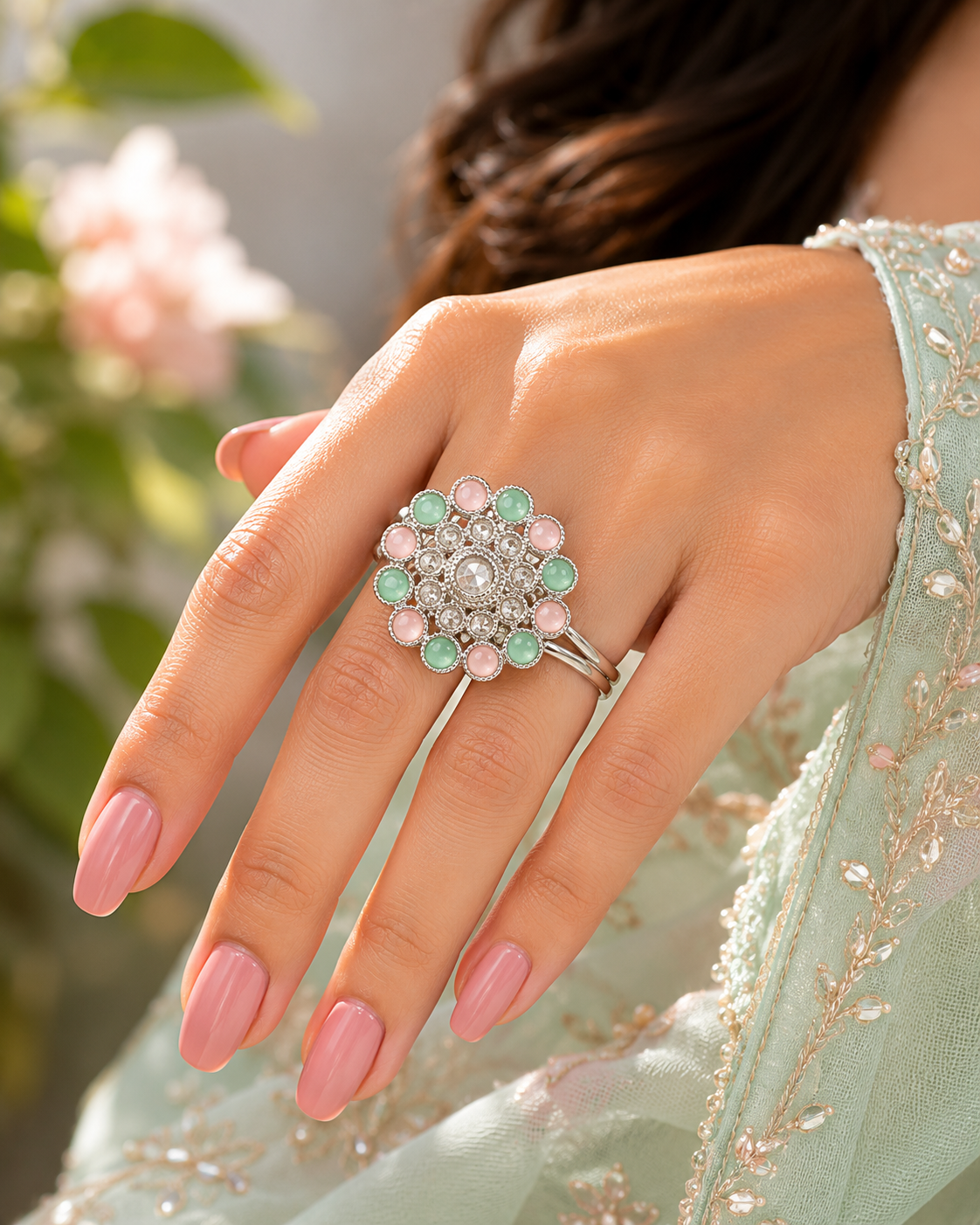 Manruya Pastel Quartz Floral Statement Ring - خاتم كوكتيل منرويا فضي بألوان الباستيل