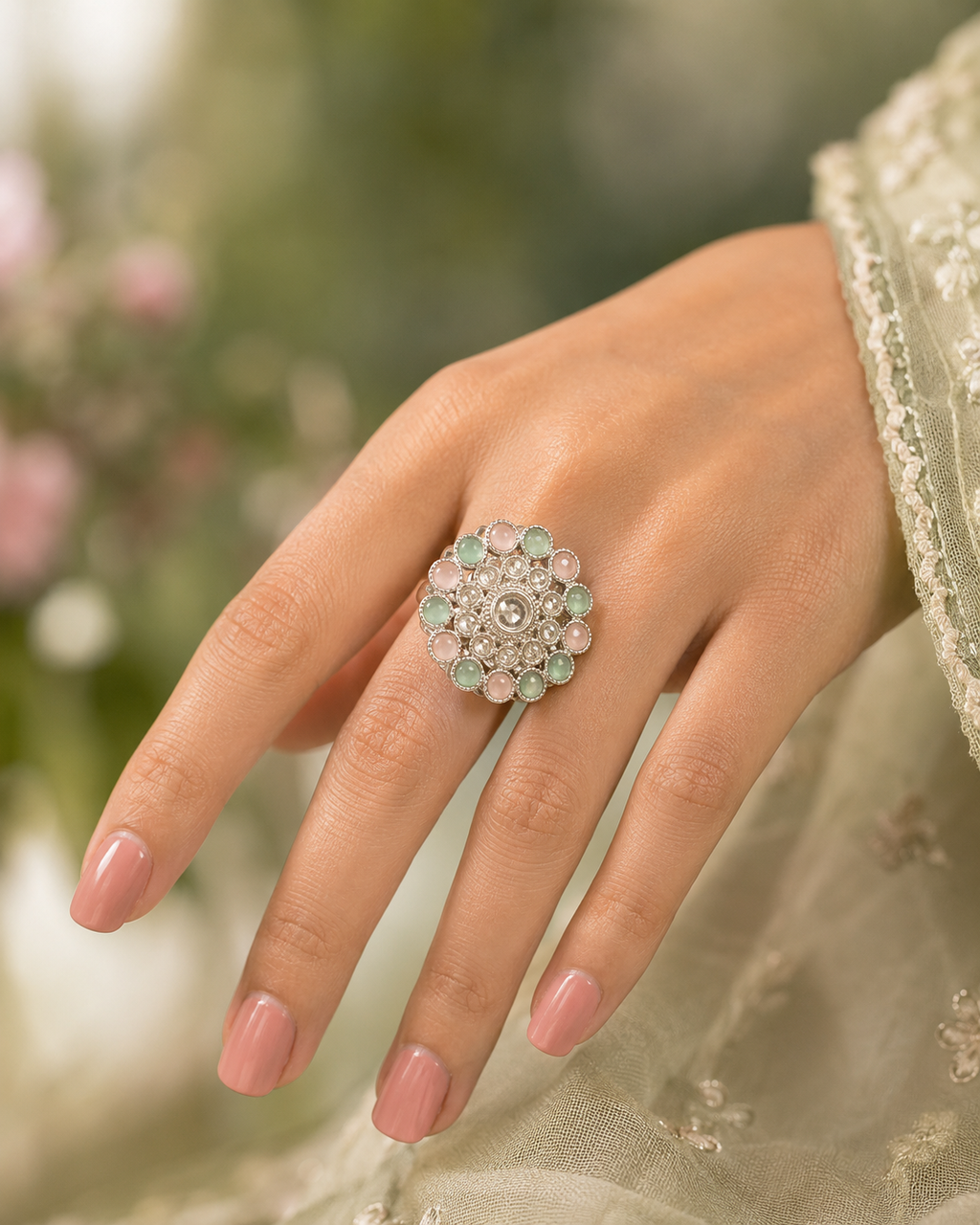 Manruya Pastel Quartz Floral Statement Ring - خاتم كوكتيل منرويا فضي بألوان الباستيل