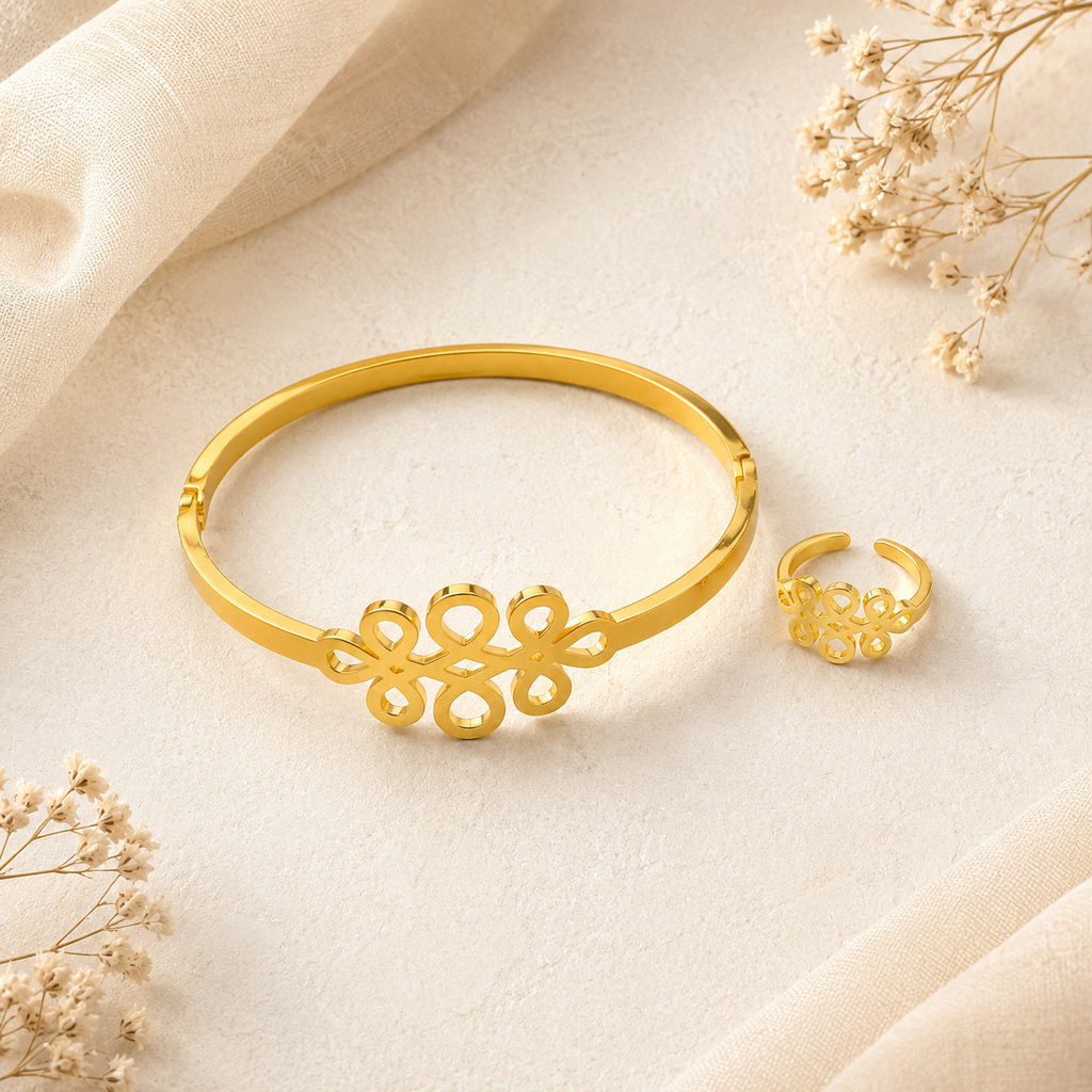 Anti-Tarnish Gold Kada & Ring Set | طقم كادا وخاتم ذهبي مقاوم للتصبغ