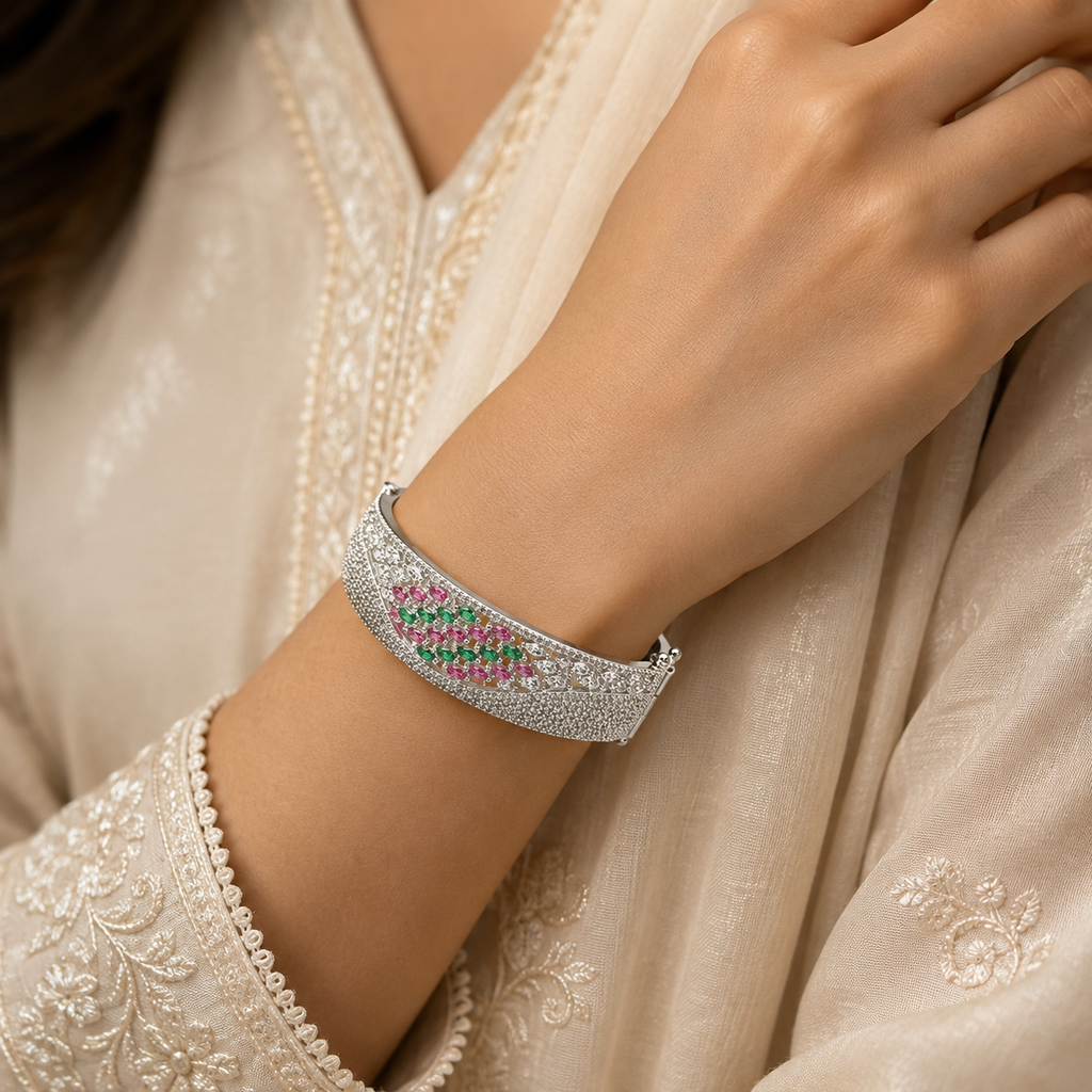 Florielle Silver-Tone Bracelet with Pink & Green Stones | سوار فلورييل بلون فضي بأحجار وردية وخضراء