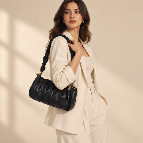 Black Ruched Shoulder Handbag | حقيبة كتف سوداء بتصميم مجعّد أنيق