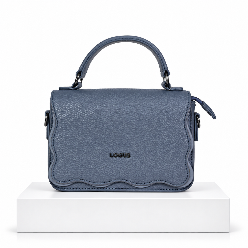 Elegant Blue-Grey Textured Top Handle Handbag | حقيبة يد أنيقة باللون الأزرق الرمادي مع ملمس محبب