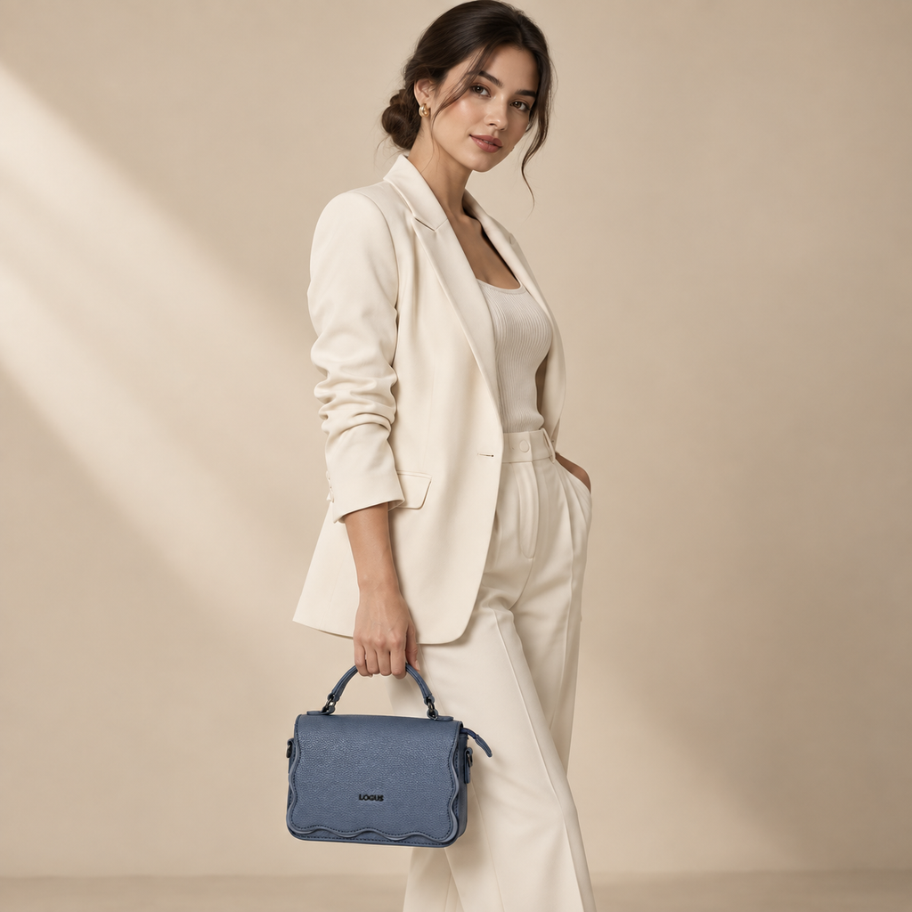 Elegant Blue-Grey Textured Top Handle Handbag | حقيبة يد أنيقة باللون الأزرق الرمادي مع ملمس محبب
