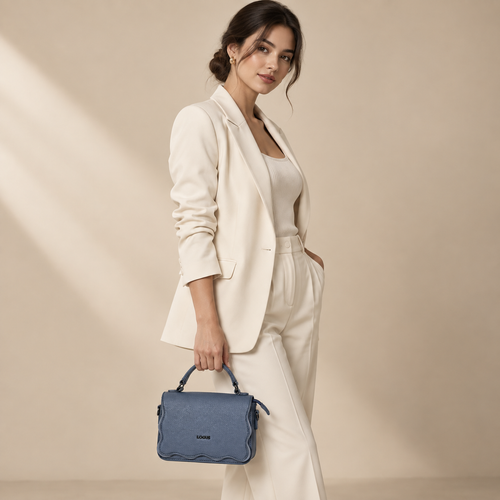 Elegant Blue-Grey Textured Top Handle Handbag | حقيبة يد أنيقة باللون الأزرق الرمادي مع ملمس محبب