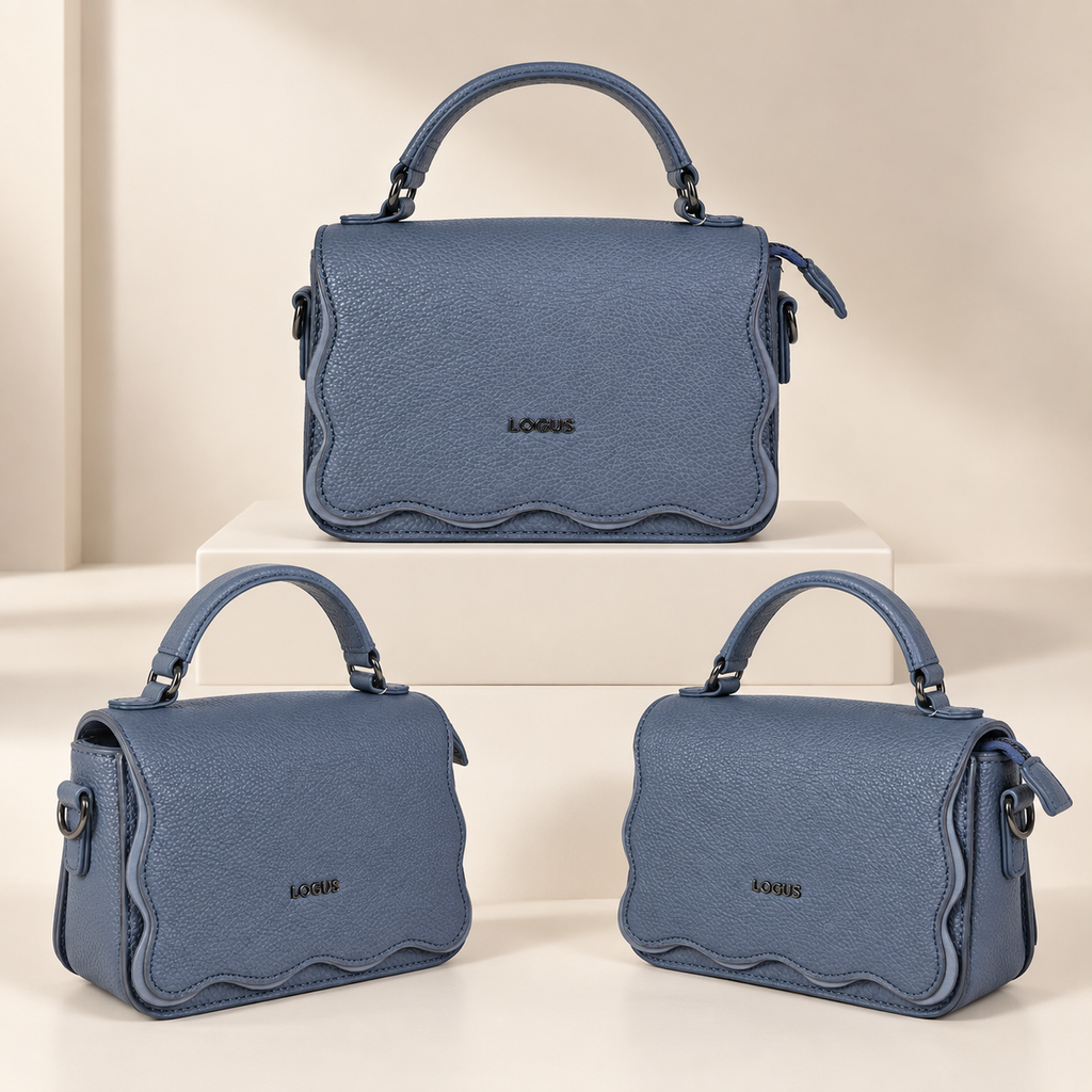 Elegant Blue-Grey Textured Top Handle Handbag | حقيبة يد أنيقة باللون الأزرق الرمادي مع ملمس محبب