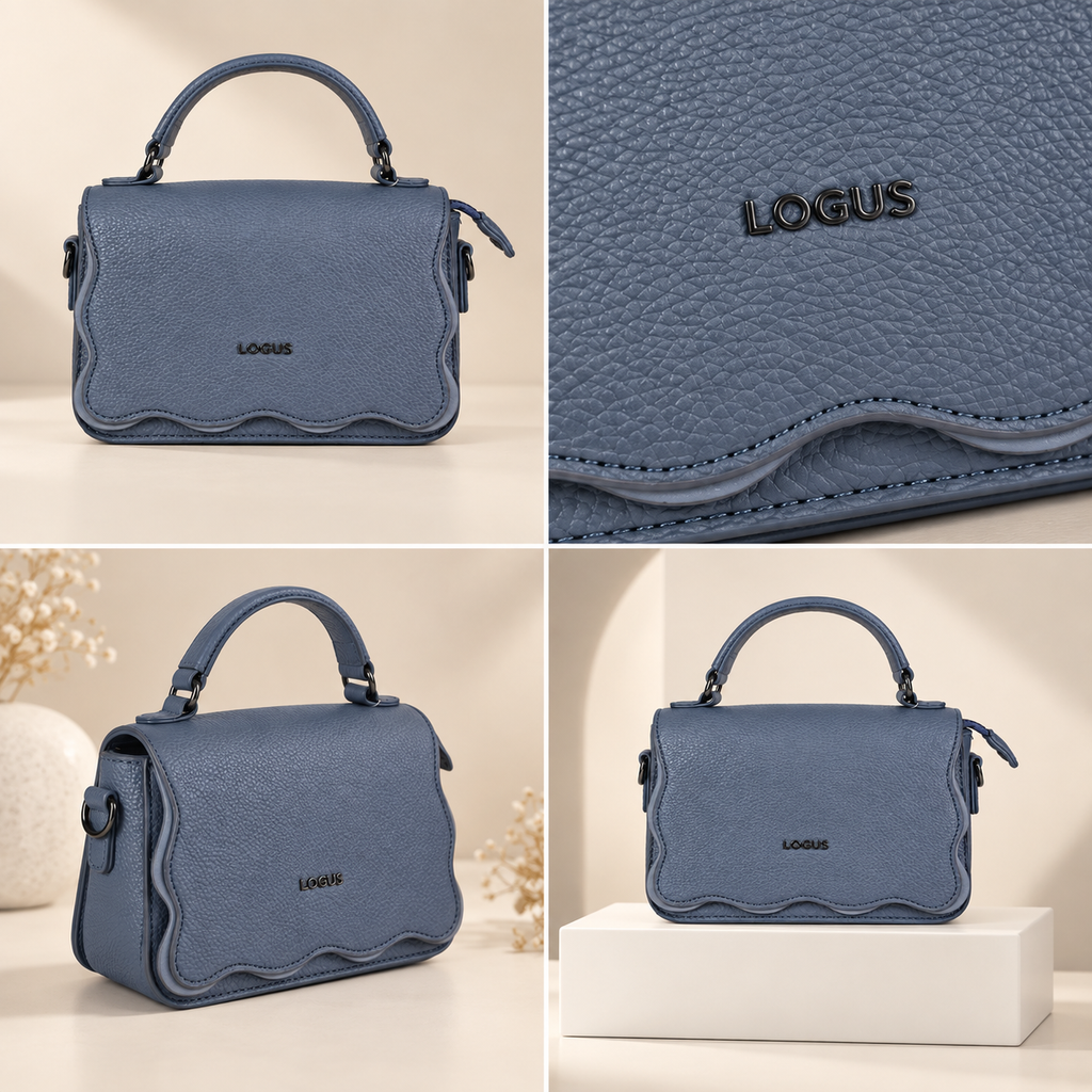Elegant Blue-Grey Textured Top Handle Handbag | حقيبة يد أنيقة باللون الأزرق الرمادي مع ملمس محبب