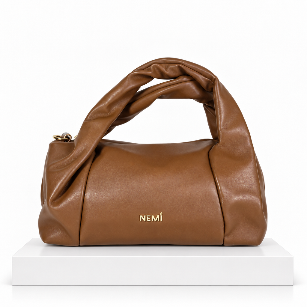 Cognac Brown Ruched Hobo Handbag | حقيبة هوبو بنية كونياك بتصميم مجعّد