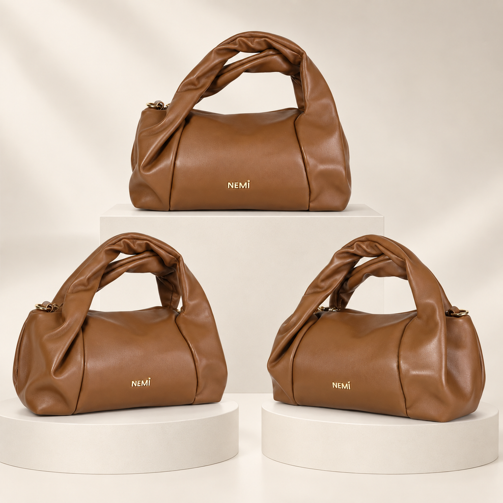 Cognac Brown Ruched Hobo Handbag | حقيبة هوبو بنية كونياك بتصميم مجعّد